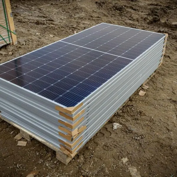 Illustration: a stack of new solar panels on a pallet at a building site