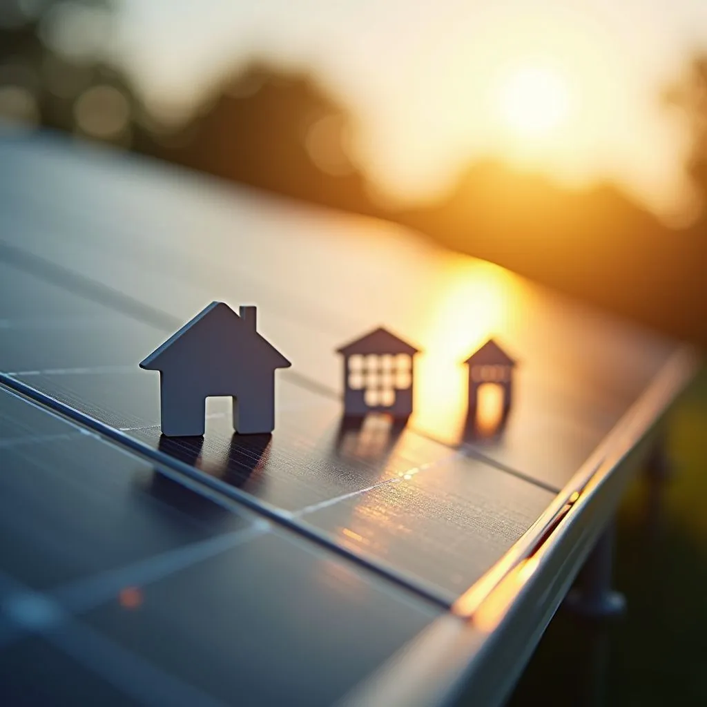 Illustration: small model houses standing on a solar panel at sunset